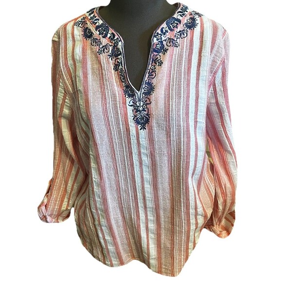 Ruby Rd. Tops - Ruby Rd. Coral/White XL Striped Embroidered V-Neck Tab Sleeve Cotton